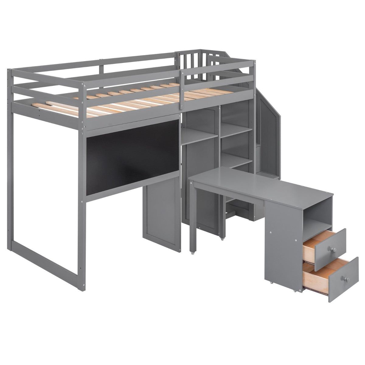 Twin Size Loft Bed with Pullable Desk and Storage Shelves Staircase and Blackboard
