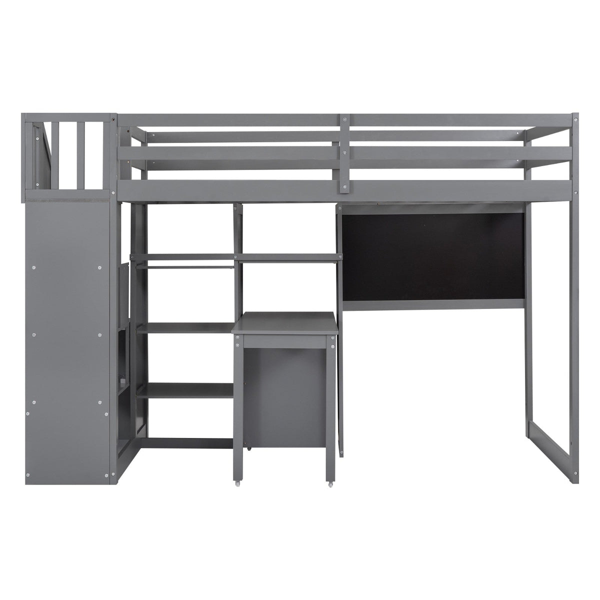 Twin Size Loft Bed with Pullable Desk and Storage Shelves Staircase and Blackboard