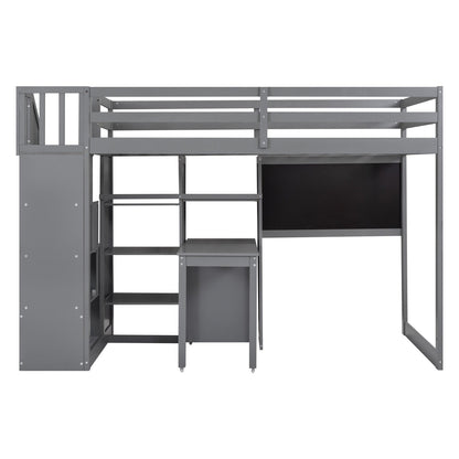 Twin Size Loft Bed with Pullable Desk and Storage Shelves Staircase and Blackboard