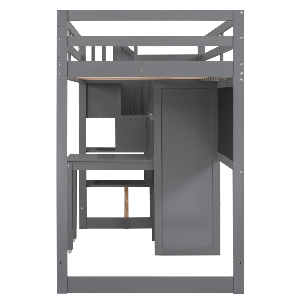 Twin Size Loft Bed with Pullable Desk and Storage Shelves Staircase and Blackboard