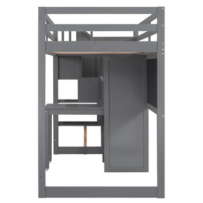 Twin Size Loft Bed with Pullable Desk and Storage Shelves Staircase and Blackboard