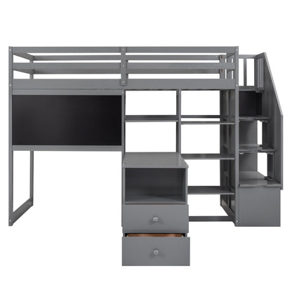 Twin Size Loft Bed with Pullable Desk and Storage Shelves Staircase and Blackboard