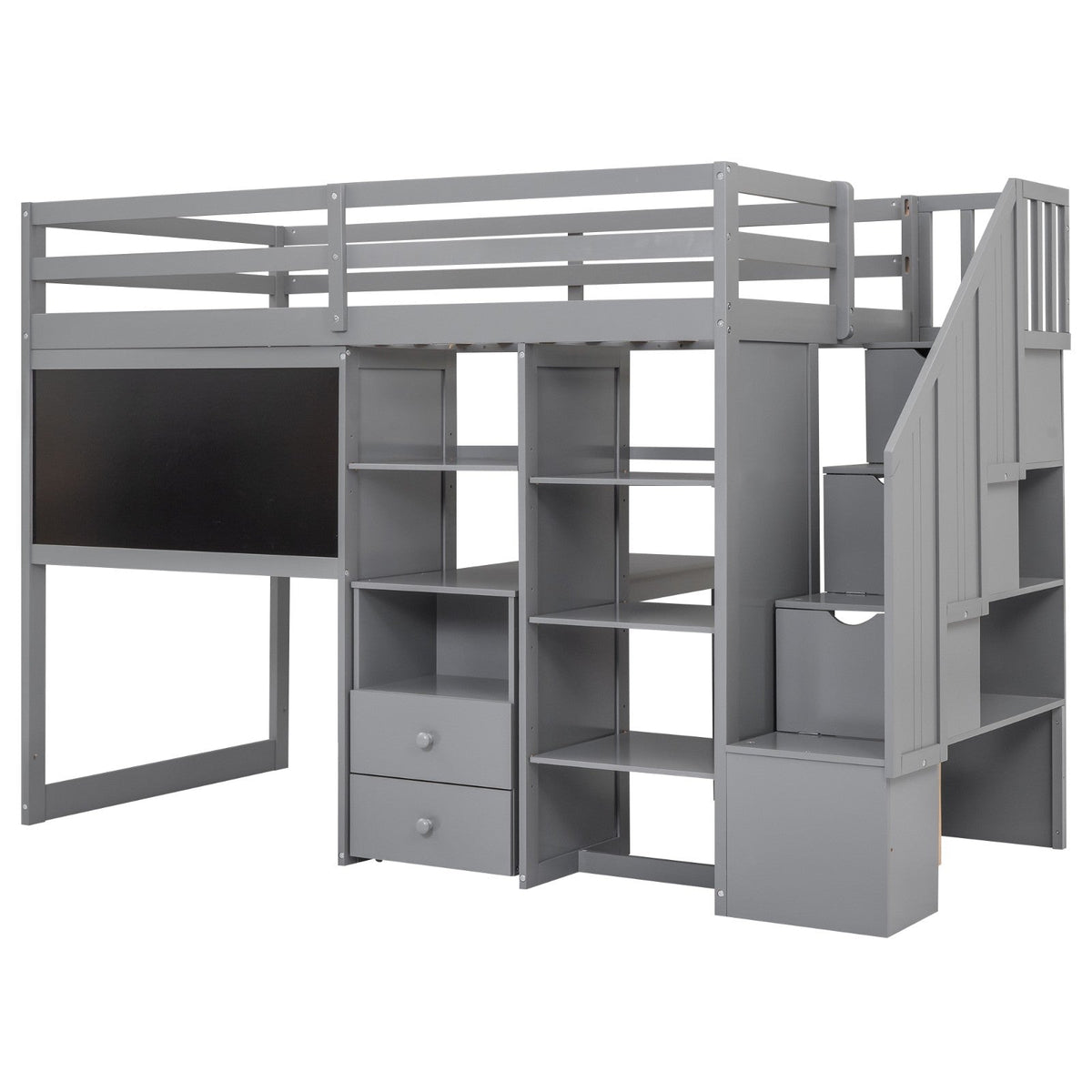 Twin Size Loft Bed with Pullable Desk and Storage Shelves Staircase and Blackboard