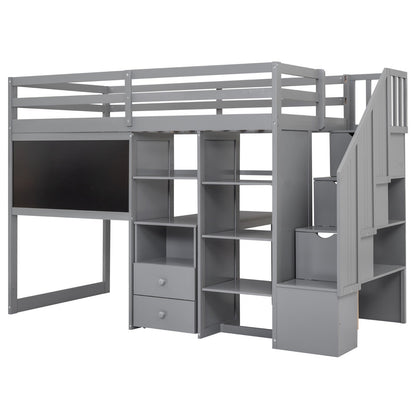Twin Size Loft Bed with Pullable Desk and Storage Shelves Staircase and Blackboard
