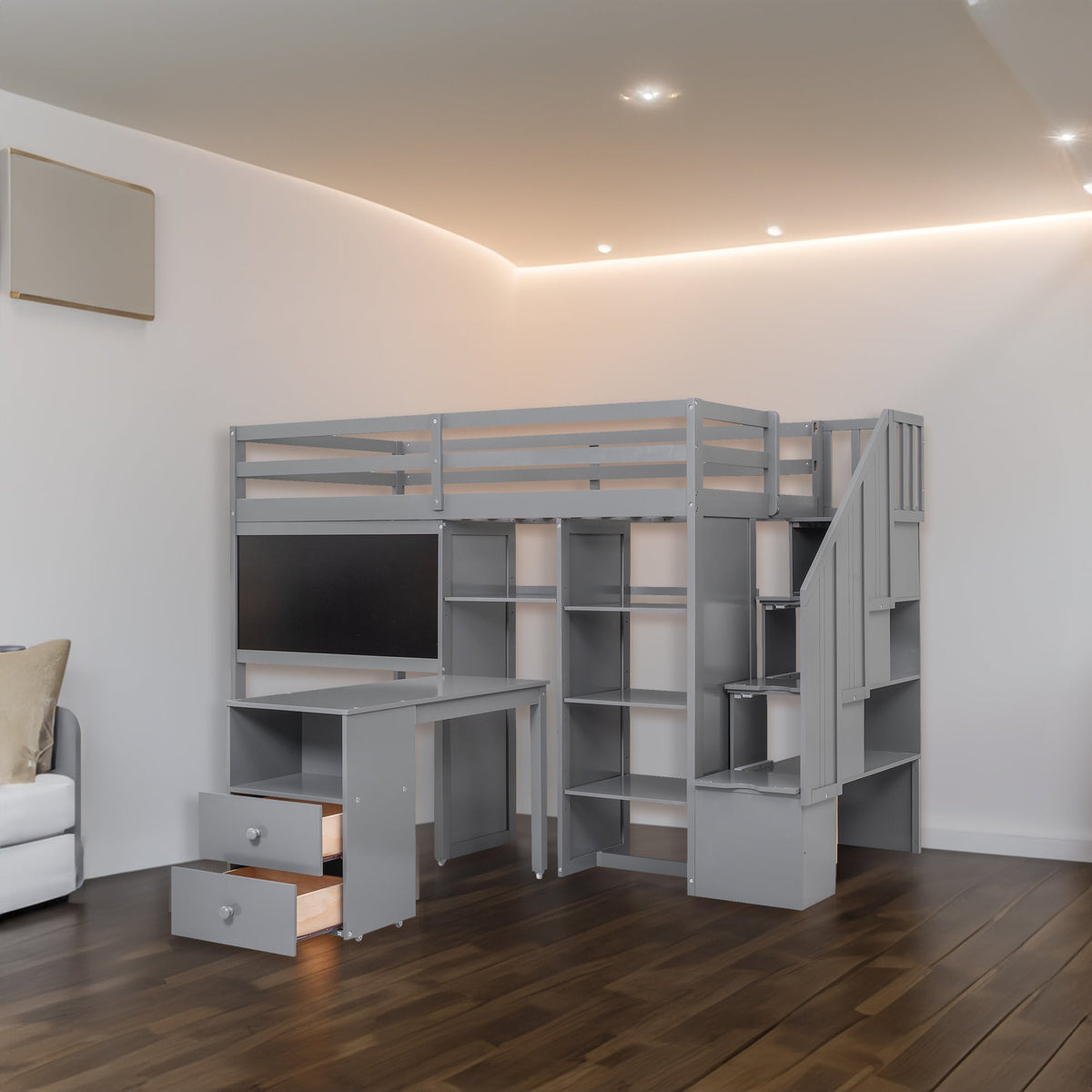 Twin Size Loft Bed with Pullable Desk and Storage Shelves Staircase and Blackboard