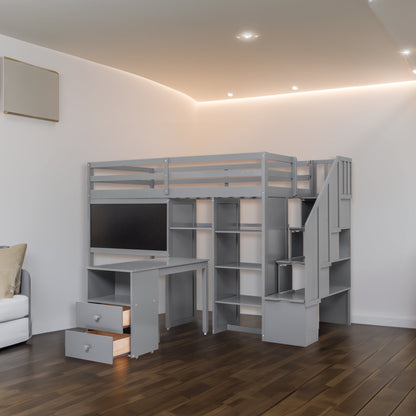 Twin Size Loft Bed with Pullable Desk and Storage Shelves Staircase and Blackboard