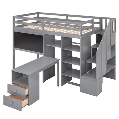 Twin Size Loft Bed with Pullable Desk and Storage Shelves Staircase and Blackboard