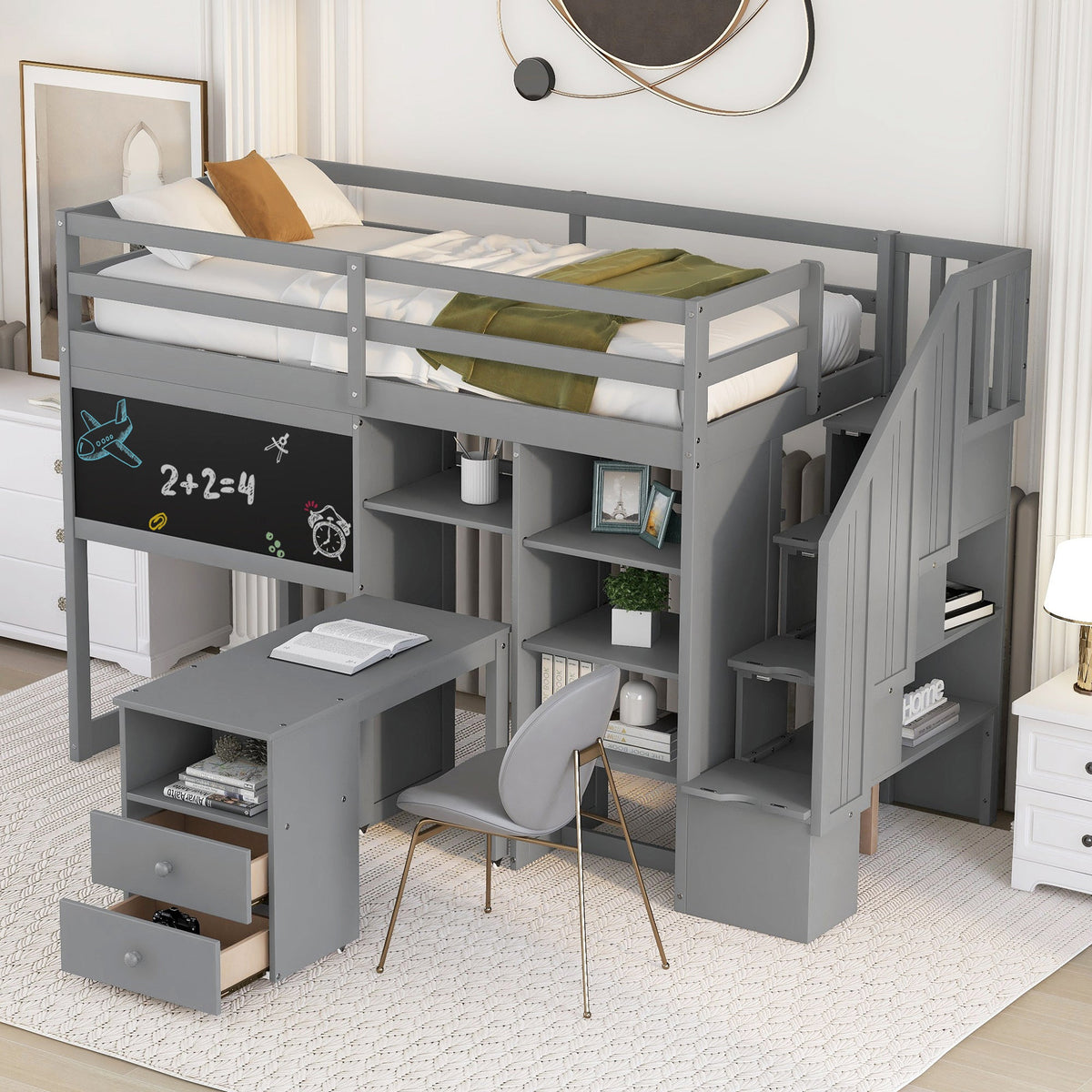 Twin Size Loft Bed with Pullable Desk and Storage Shelves Staircase and Blackboard