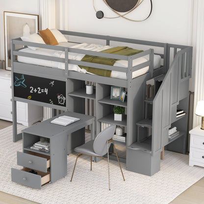 Twin Size Loft Bed with Pullable Desk and Storage Shelves Staircase and Blackboard