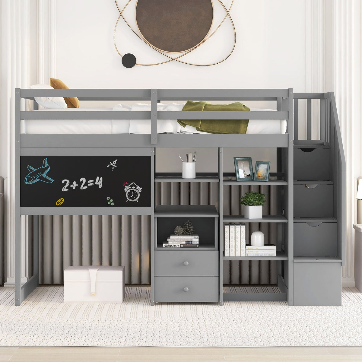 Twin Size Loft Bed with Pullable Desk and Storage Shelves Staircase and Blackboard