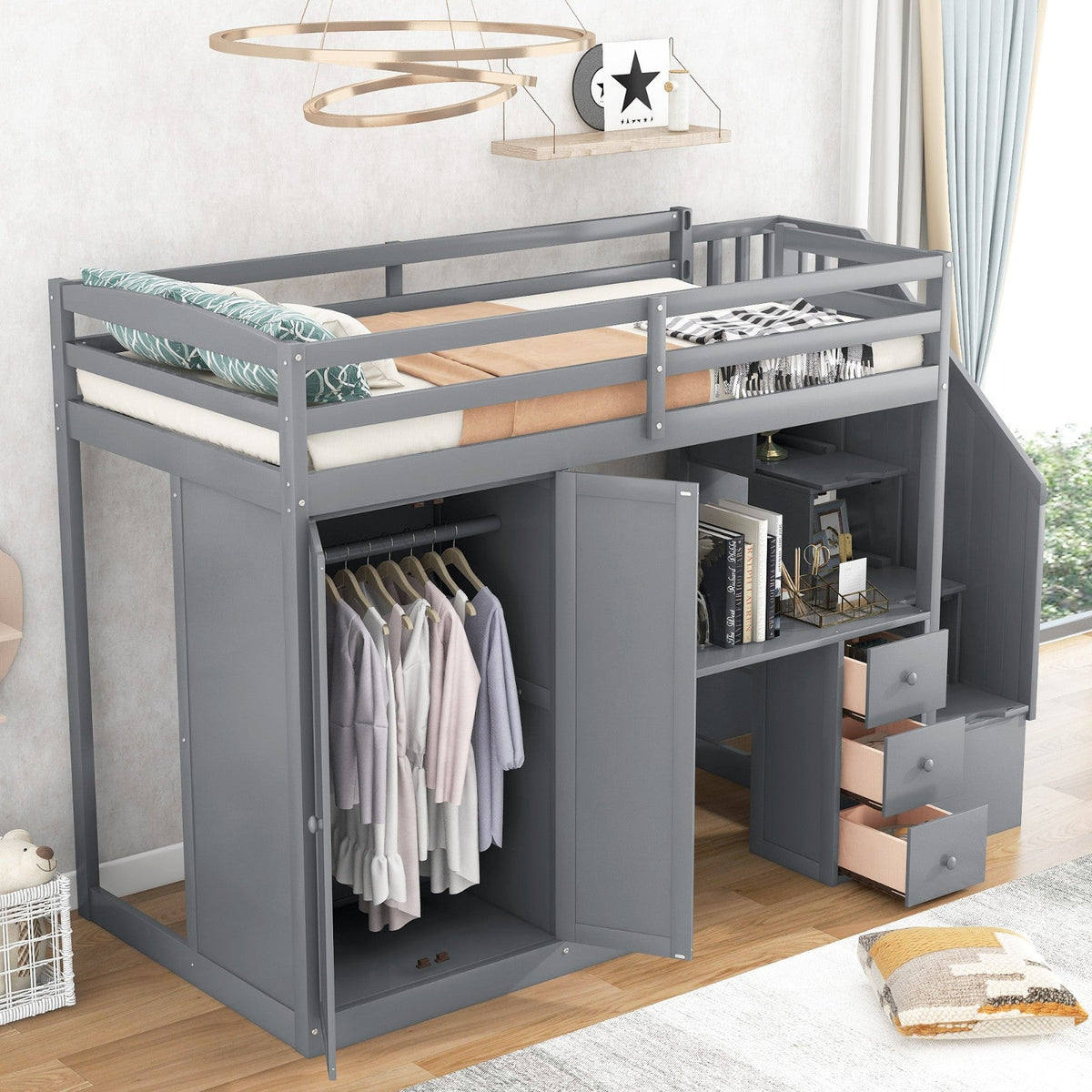Twin Size Loft Bed with Wardrobe and Staircase Desk and Storage Drawers and Cabinet in 1
