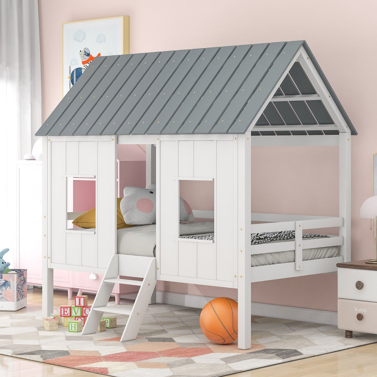 Twin Size Low Loft House Bed with Roof and Two Front Windows
