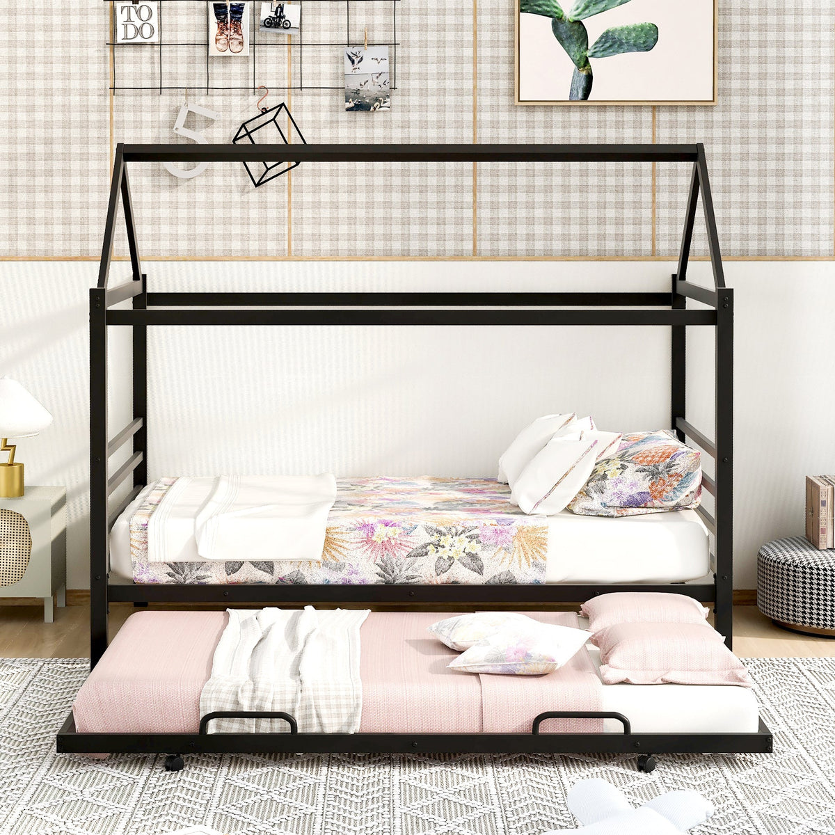 Twin Size Metal House Shape Platform Bed with Trundle