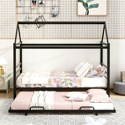 Twin Size Metal House Shape Platform Bed with Trundle