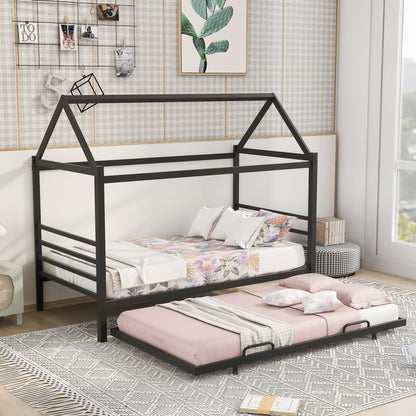 Twin Size Metal House Shape Platform Bed with Trundle
