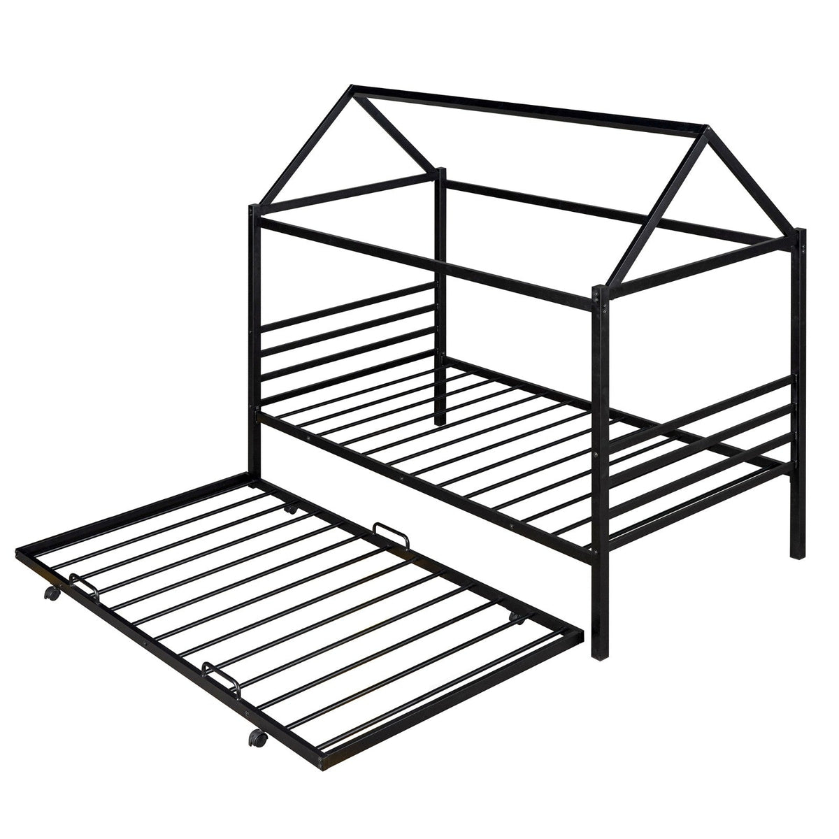 Twin Size Metal House Shape Platform Bed with Trundle