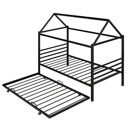 Twin Size Metal House Shape Platform Bed with Trundle