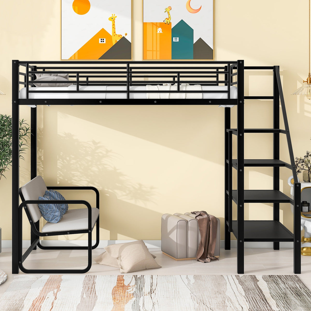 Twin Size Metal Loft Bed with Bench and Storage Staircase
