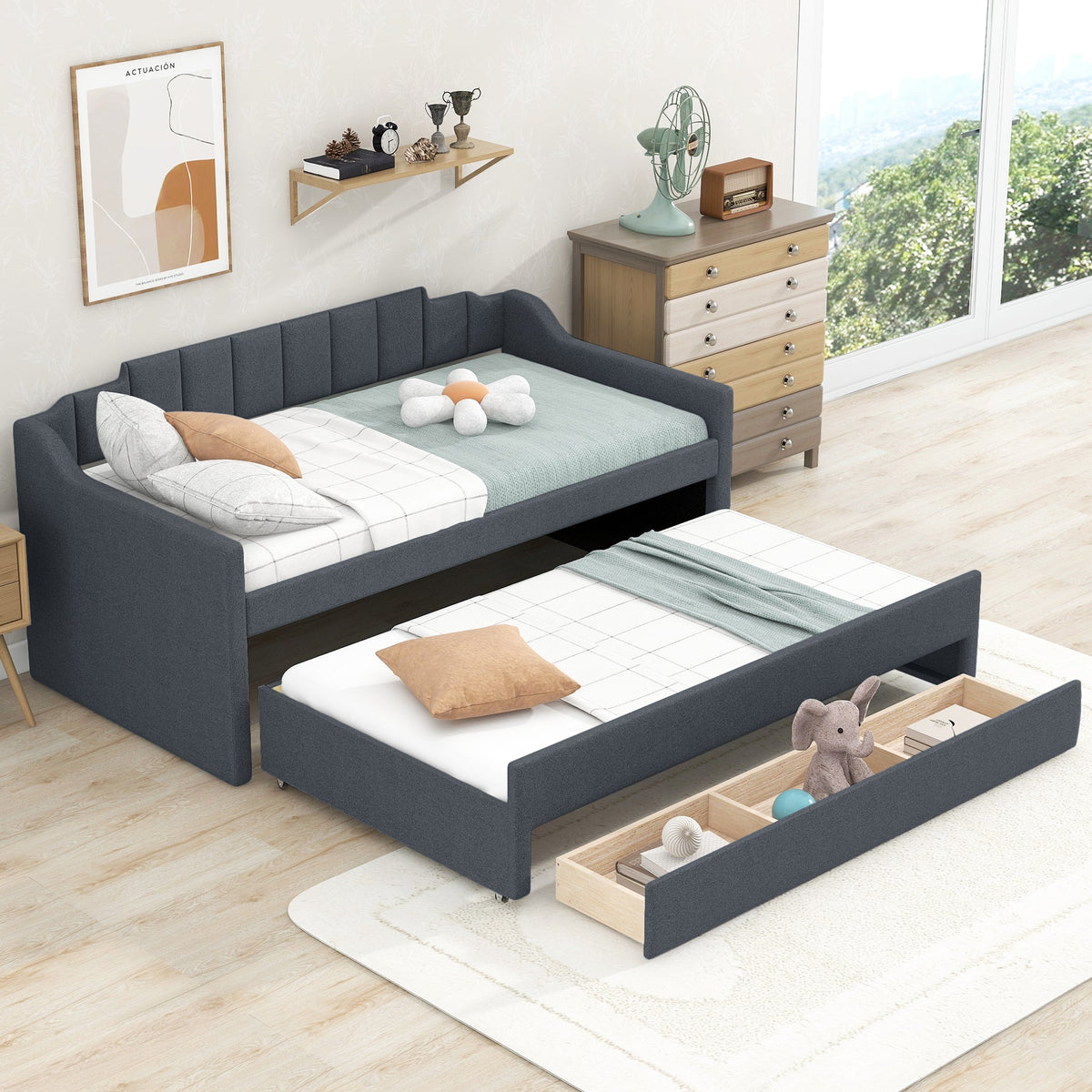 Twin Size Upholstered Daybed with Trundle and Three Drawers