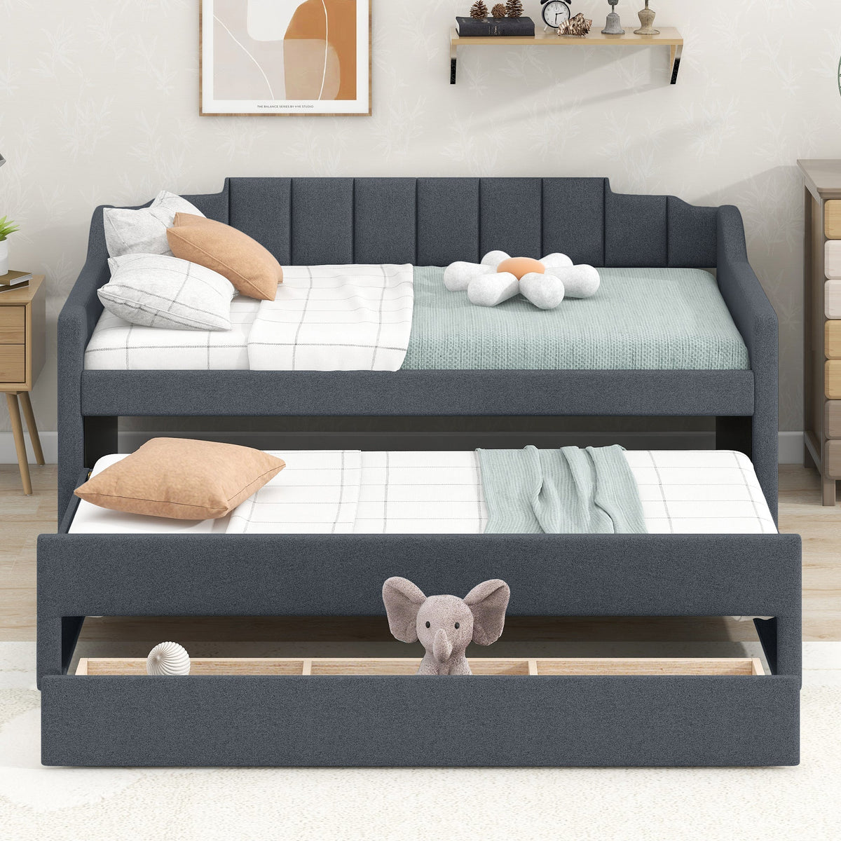 Twin Size Upholstered Daybed with Trundle and Three Drawers