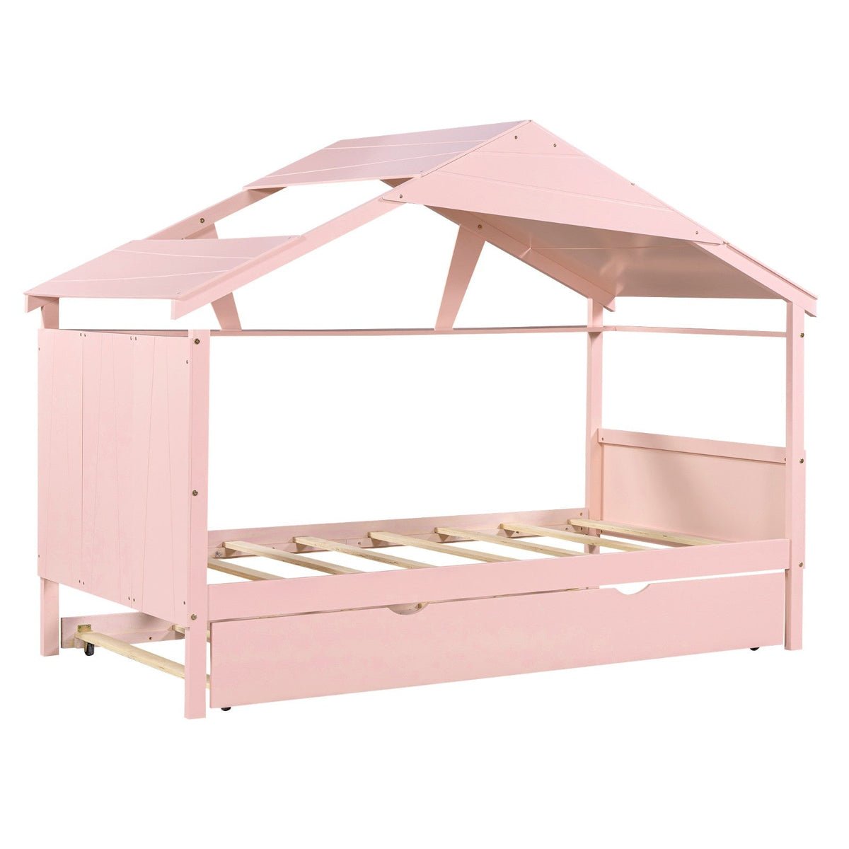 Twin Size Wood House Bed with Trundle and Storage