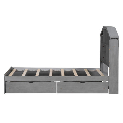 Twin-Size Wood Platform Bed with House-Shaped Storage Headboard and 2 Drawers