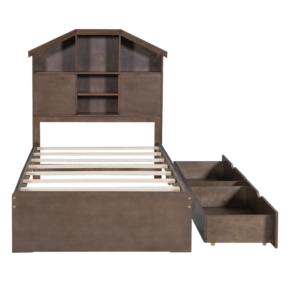 Twin-Size Wood Platform Bed with House-Shaped Storage Headboard and 2 Drawers