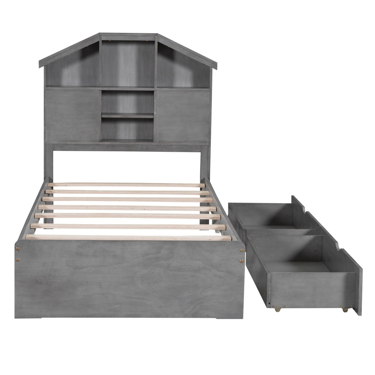 Twin-Size Wood Platform Bed with House-Shaped Storage Headboard and 2 Drawers