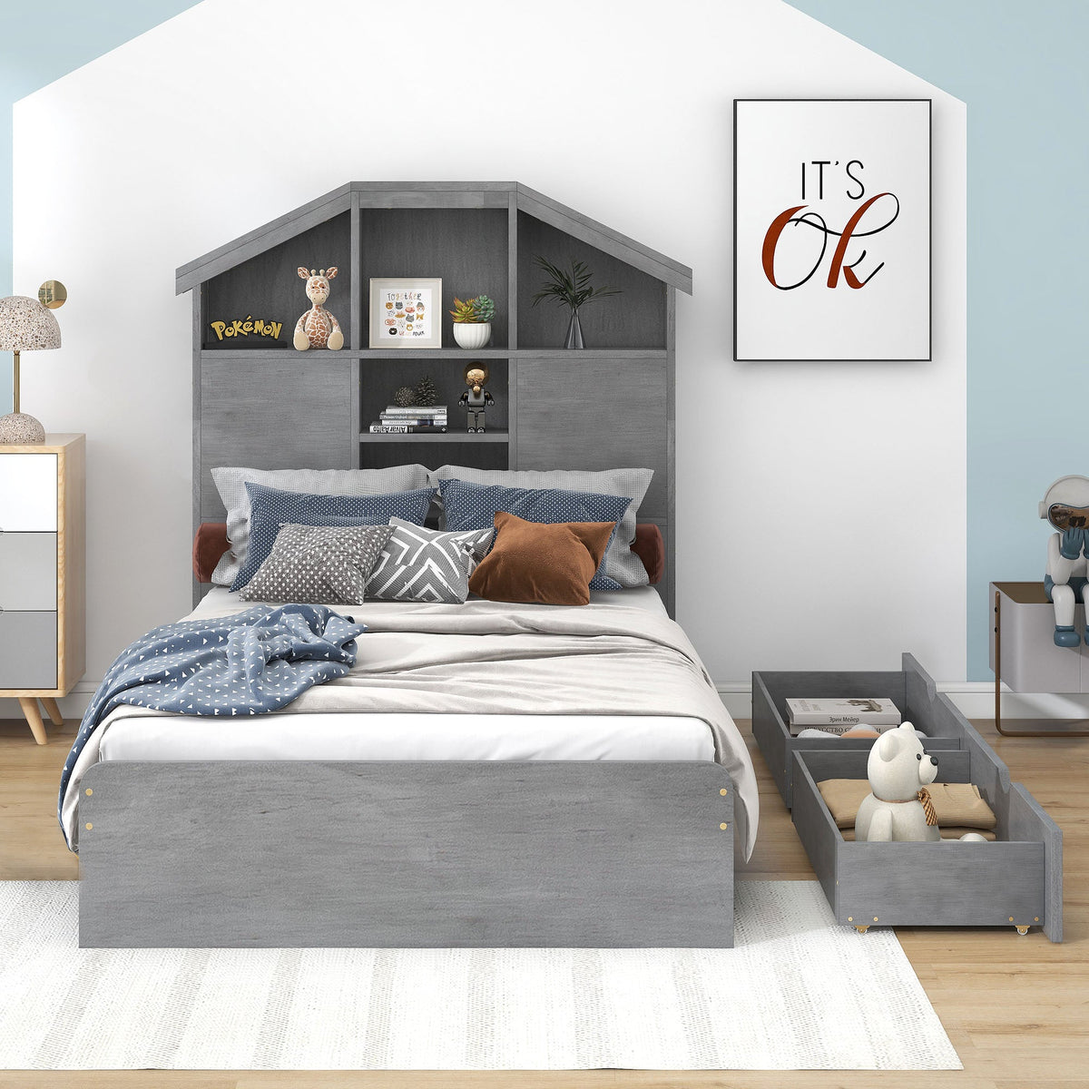 Twin-Size Wood Platform Bed with House-Shaped Storage Headboard and 2 Drawers