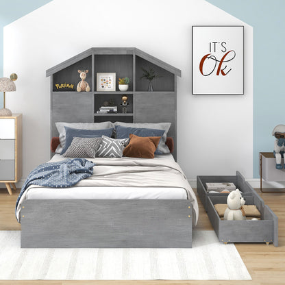 Twin-Size Wood Platform Bed with House-Shaped Storage Headboard and 2 Drawers
