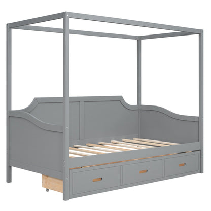 Twin-Size Wooden Canopy Daybed with 3-in-1 Storage Drawers