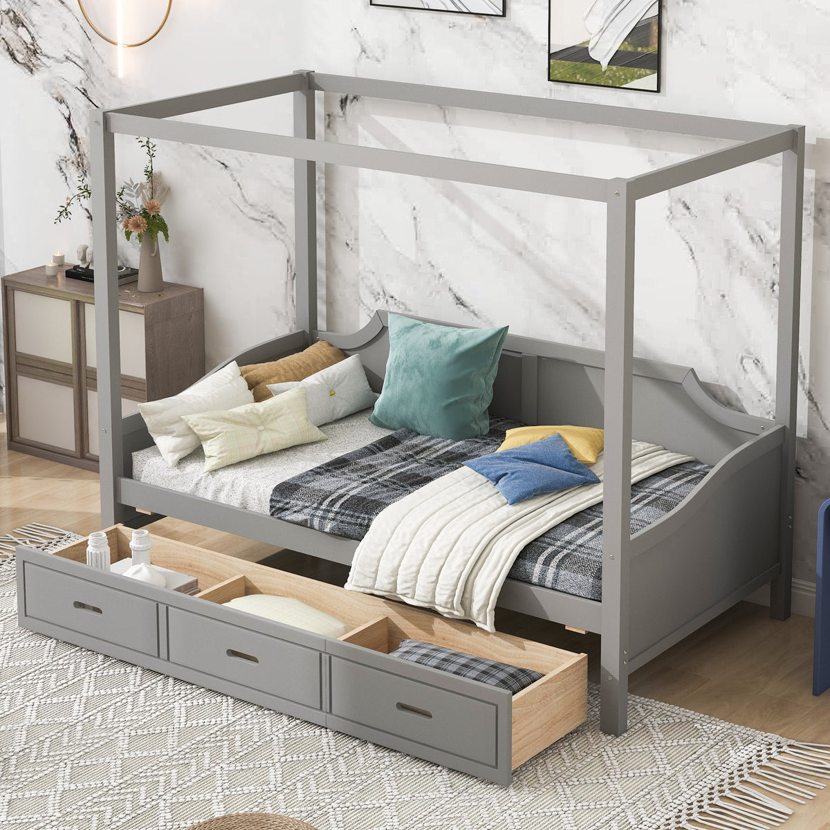 Twin-Size Wooden Canopy Daybed with 3-in-1 Storage Drawers