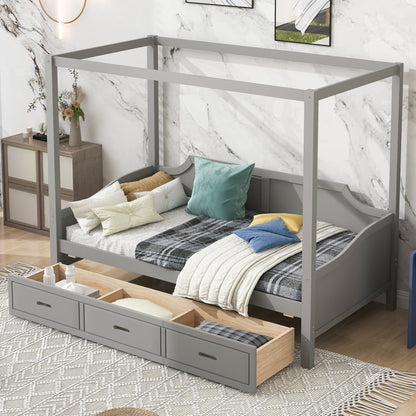 Twin-Size Wooden Canopy Daybed with 3-in-1 Storage Drawers