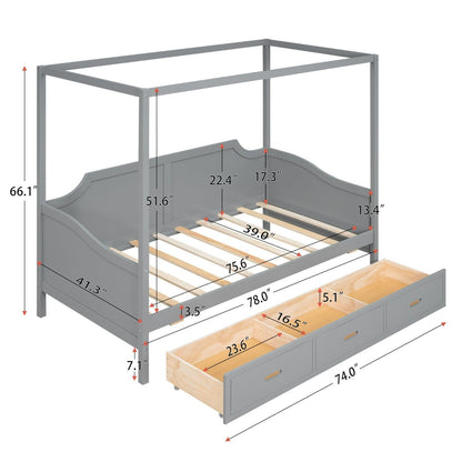 Twin-Size Wooden Canopy Daybed with 3-in-1 Storage Drawers