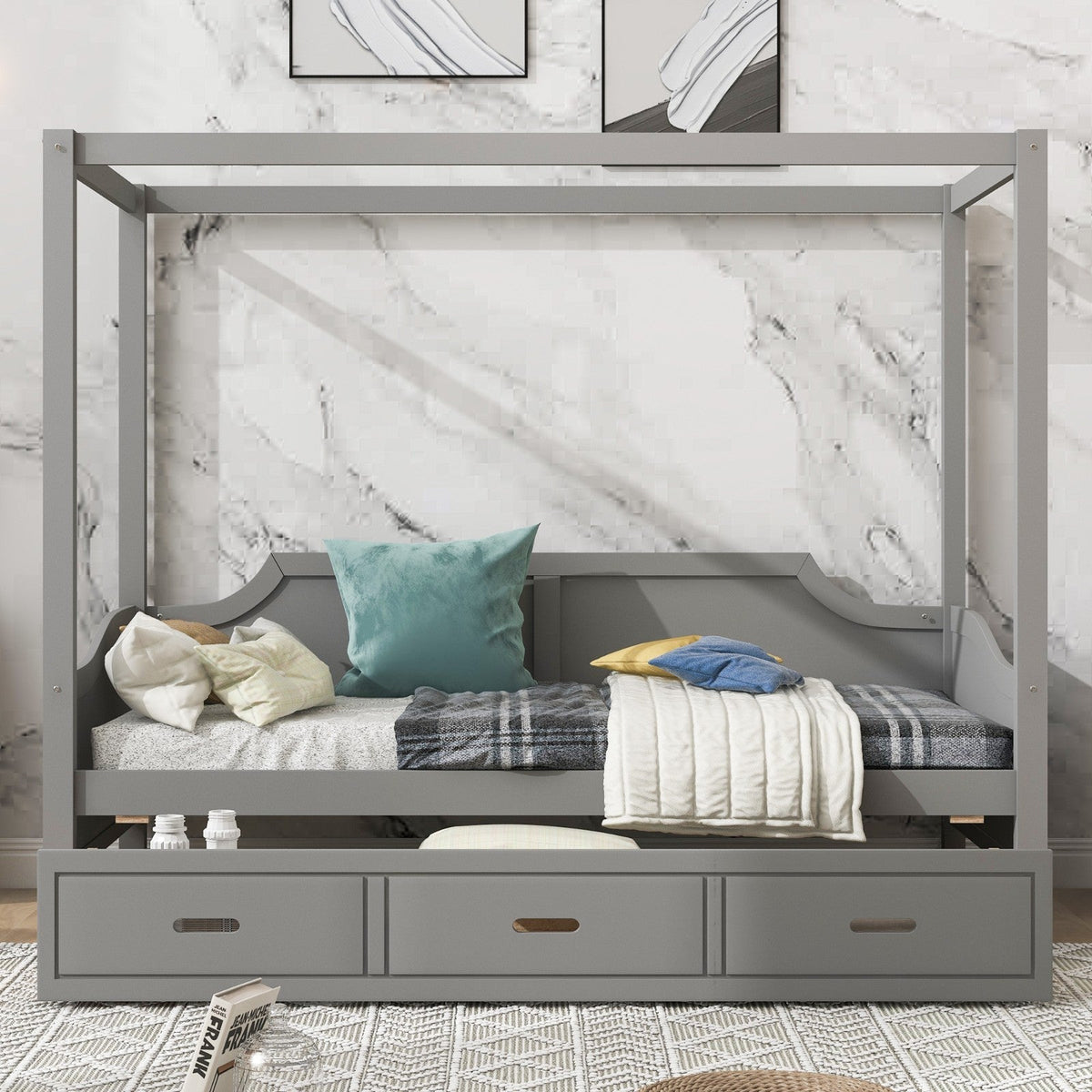 Twin-Size Wooden Canopy Daybed with 3-in-1 Storage Drawers
