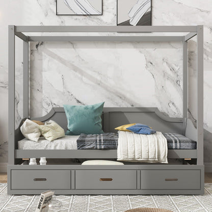 Twin-Size Wooden Canopy Daybed with 3-in-1 Storage Drawers