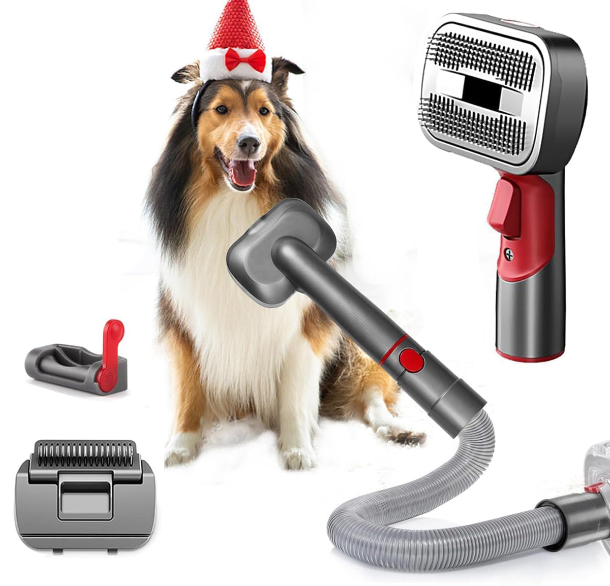 Dog Vacuum Brush Kit – Slicker & Dematting Comb Heads Compatible with Dyson V7 V8 V10 V11 V15, with Trigger Lock and 59 in Extension Hose