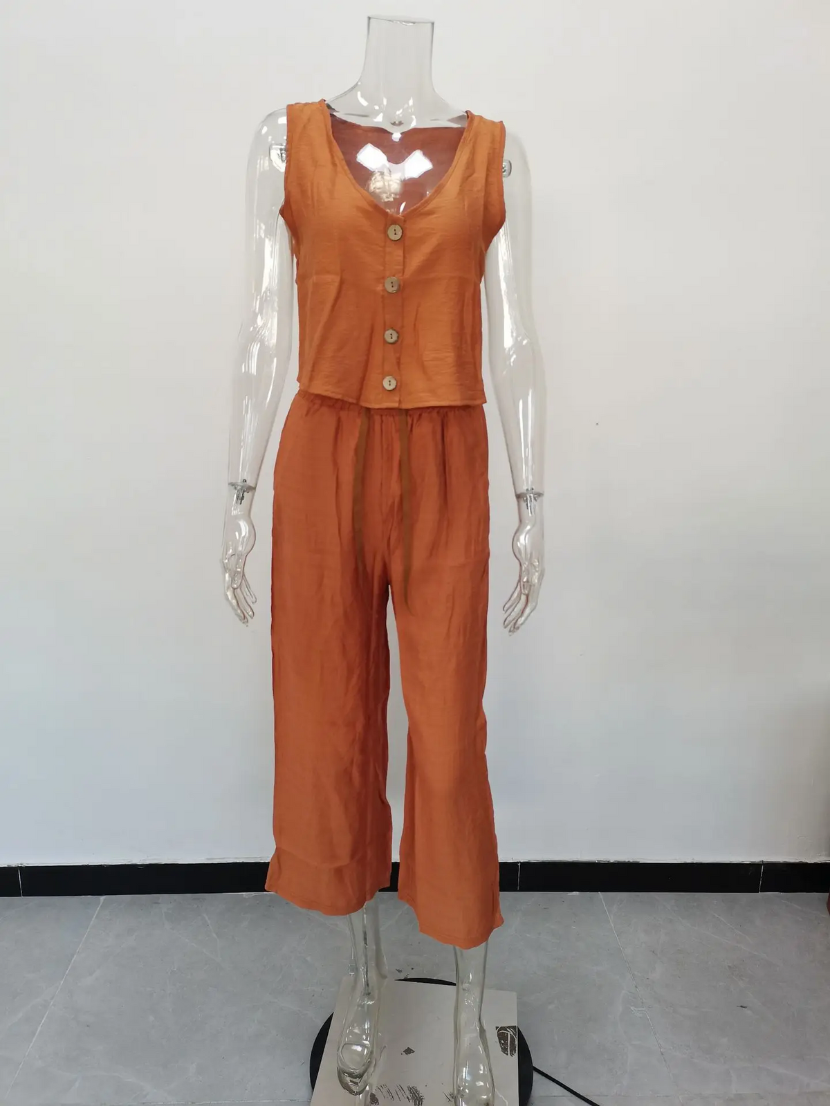 Cotton Linen Two-Piece Office Set – V-Neck Vest & Wide Leg Pants for Casual Elegance and Everyday Comfort