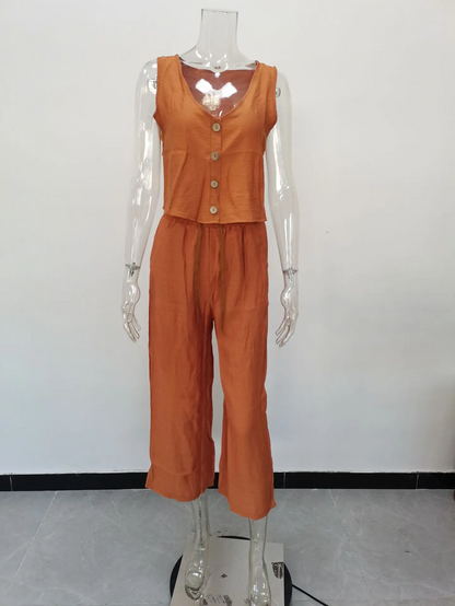 Cotton Linen Two-Piece Office Set – V-Neck Vest & Wide Leg Pants for Casual Elegance and Everyday Comfort
