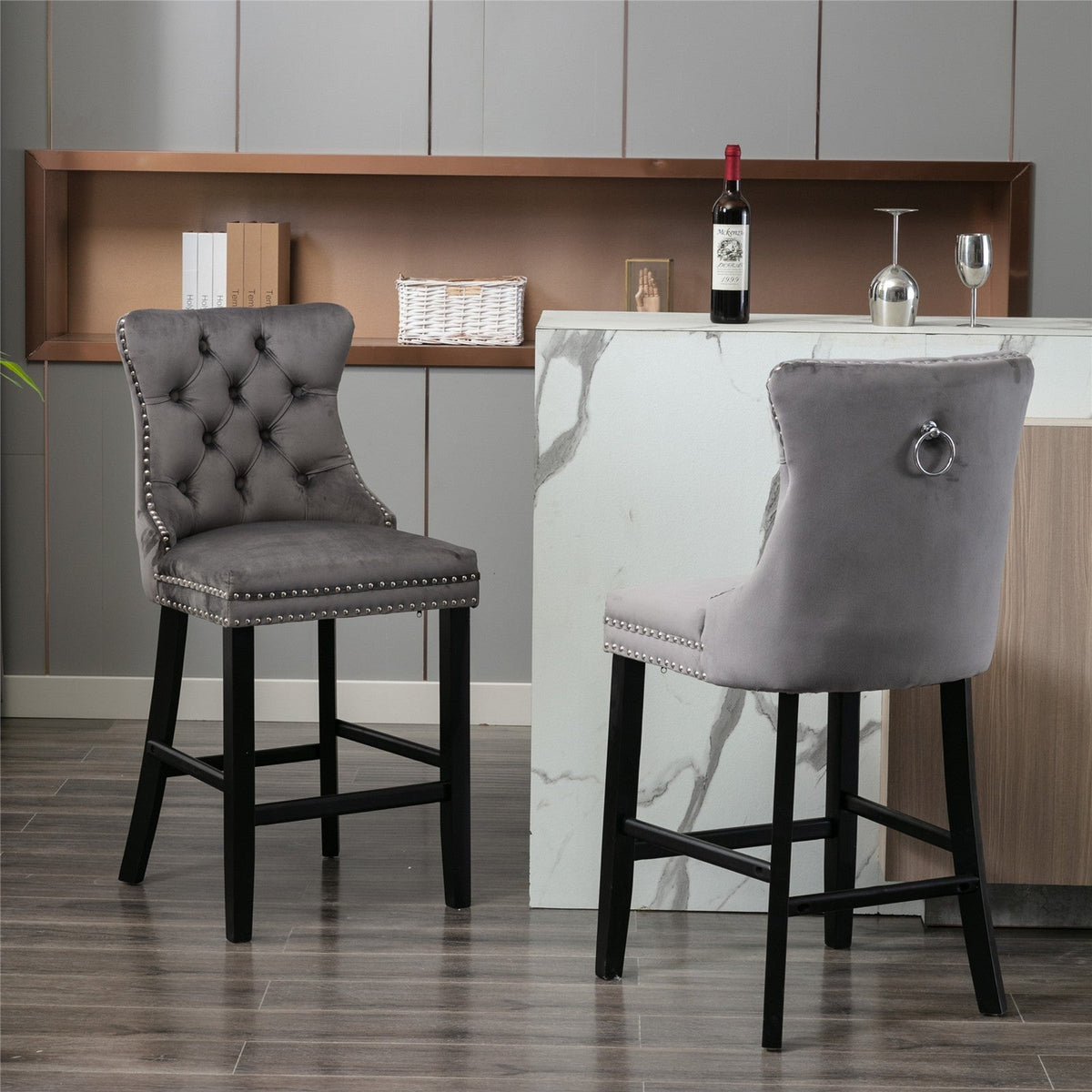 Velvet Padded Bar Chair with Button Cluster Decoration, Wooden Legs, and Chrome-Plated Nail Head Decoration, (Set of 2)