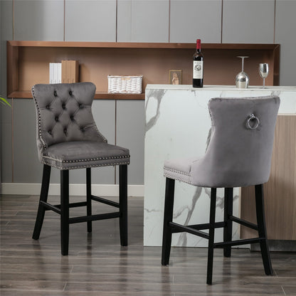 Velvet Padded Bar Chair with Button Cluster Decoration, Wooden Legs, and Chrome-Plated Nail Head Decoration, (Set of 2)