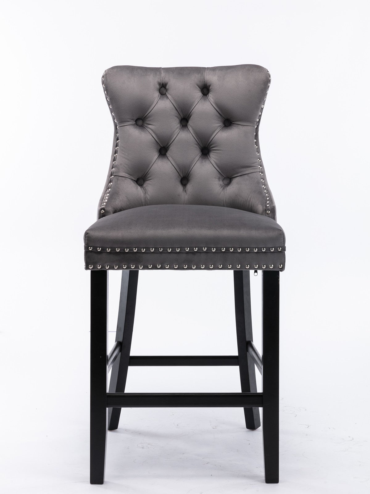 Velvet Padded Bar Chair with Button Cluster Decoration, Wooden Legs, and Chrome-Plated Nail Head Decoration, (Set of 2)
