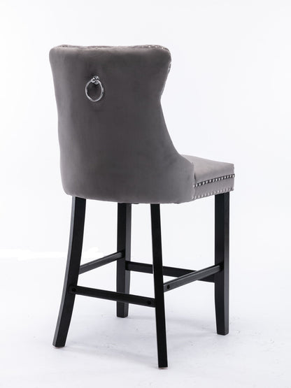 Velvet Padded Bar Chair with Button Cluster Decoration, Wooden Legs, and Chrome-Plated Nail Head Decoration, (Set of 2)