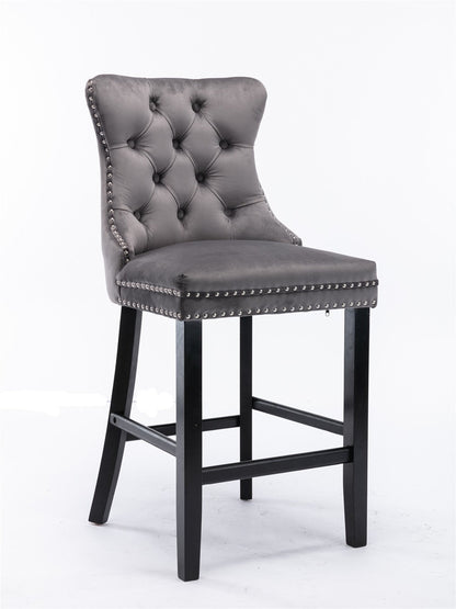 Velvet Padded Bar Chair with Button Cluster Decoration, Wooden Legs, and Chrome-Plated Nail Head Decoration, (Set of 2)