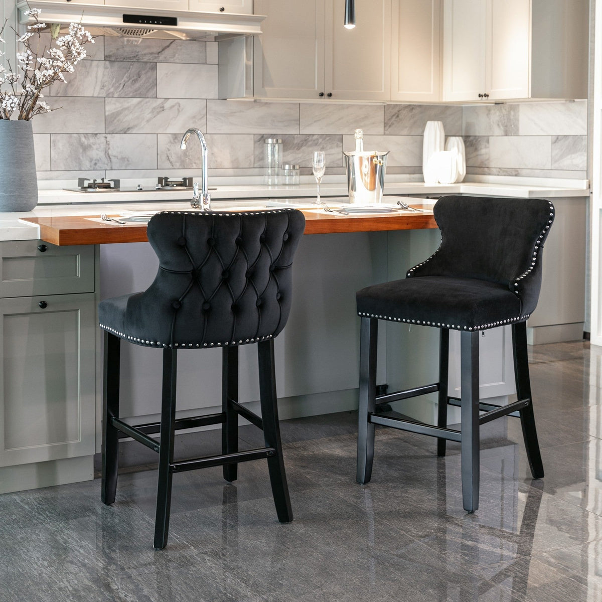 Velvet-padded Wingback Bar Stool with Button-tufted Decoration and Wooden Legs, Chrome Nail Head Decoration, 2-pcs Set