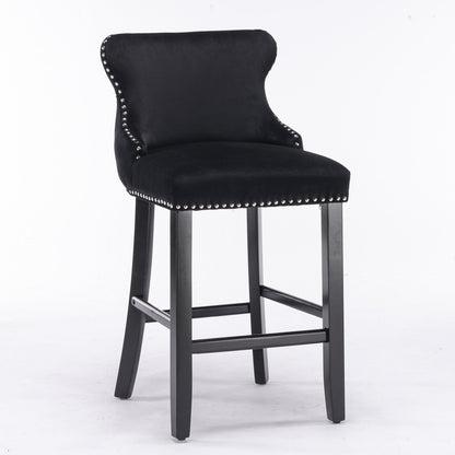 Velvet-padded Wingback Bar Stool with Button-tufted Decoration and Wooden Legs, Chrome Nail Head Decoration, 2-pcs Set