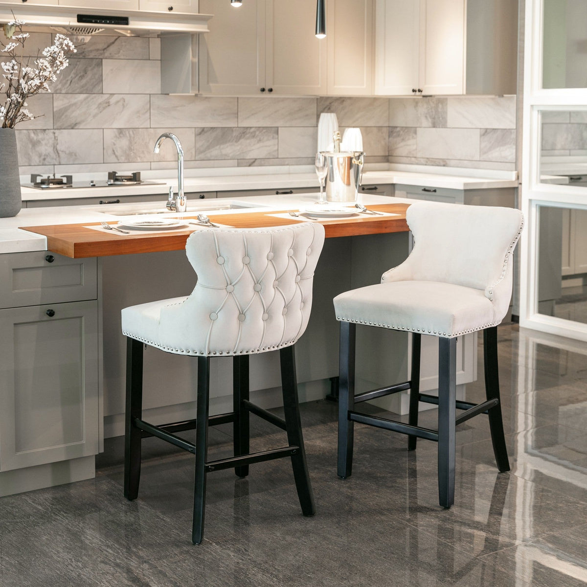 Velvet-padded Wingback Bar Stool with Button-tufted Decoration and Wooden Legs, Chrome Nail Head Decoration, 2-pcs Set