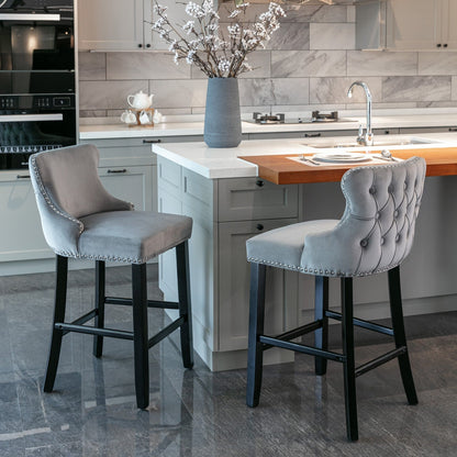 Velvet-padded Wingback Bar Stool with Button-tufted Decoration and Wooden Legs, Chrome Nail Head Decoration, 2-pcs Set
