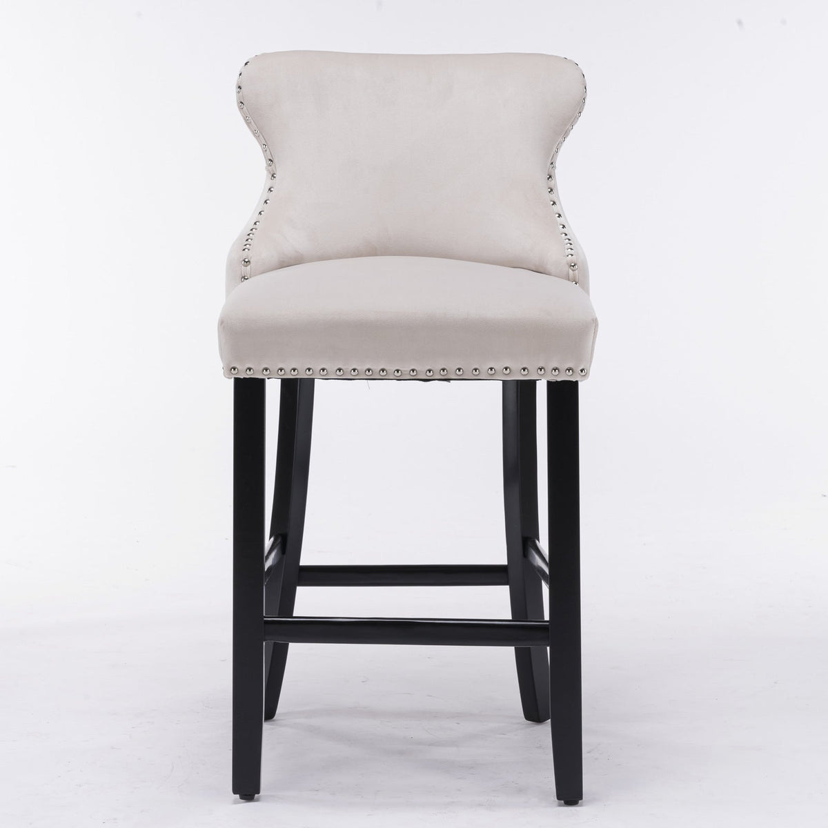 Velvet-padded Wingback Bar Stool with Button-tufted Decoration and Wooden Legs, Chrome Nail Head Decoration, 2-pcs Set