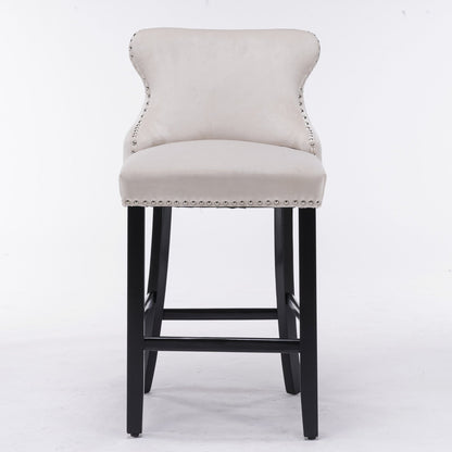 Velvet-padded Wingback Bar Stool with Button-tufted Decoration and Wooden Legs, Chrome Nail Head Decoration, 2-pcs Set